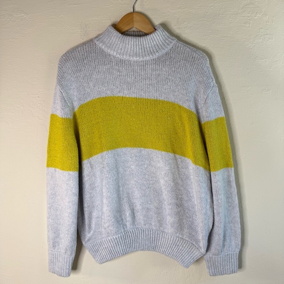 Aerie Oh So Soft Mock Neck Yellow Stripe Chunky Sweater Size Large - Picture 2 of 7